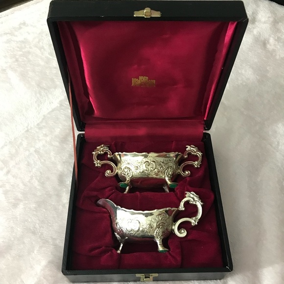 Other - Collectible Silver Stamped Silver Plated Cream Sugar Set w Deluxe Box vintage